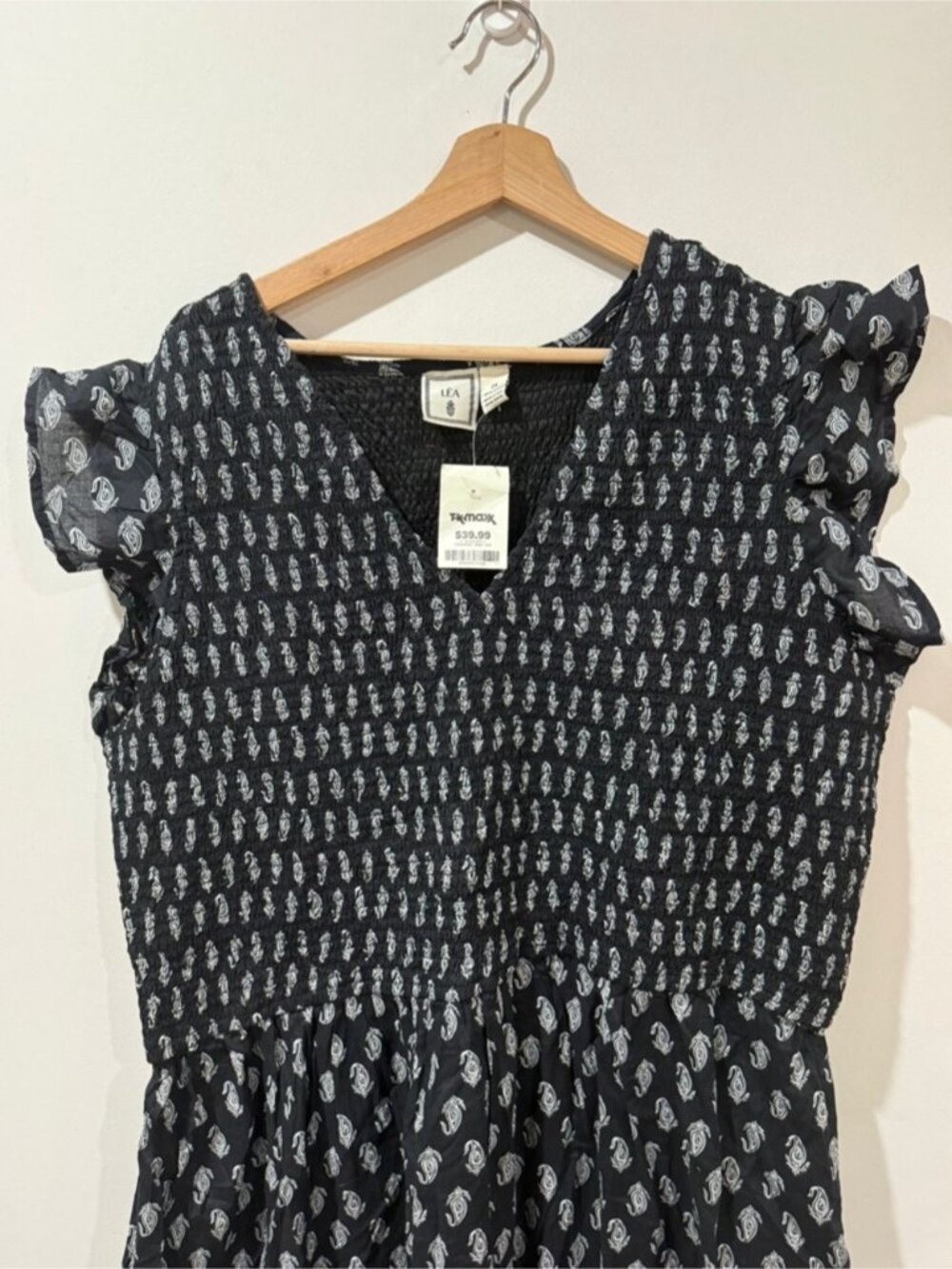 LÉA Smocked Midi Dress 2X Black White Print NWT Ruffle Sleeve Boho - Picture 5 of 10